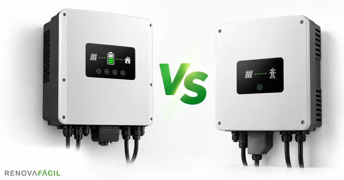 Un inversor híbrido, que lleva la energía de los paneles a la batería y a la casa, frente a un inversor normal de conexión a red, que la vierte a la red eléctrica